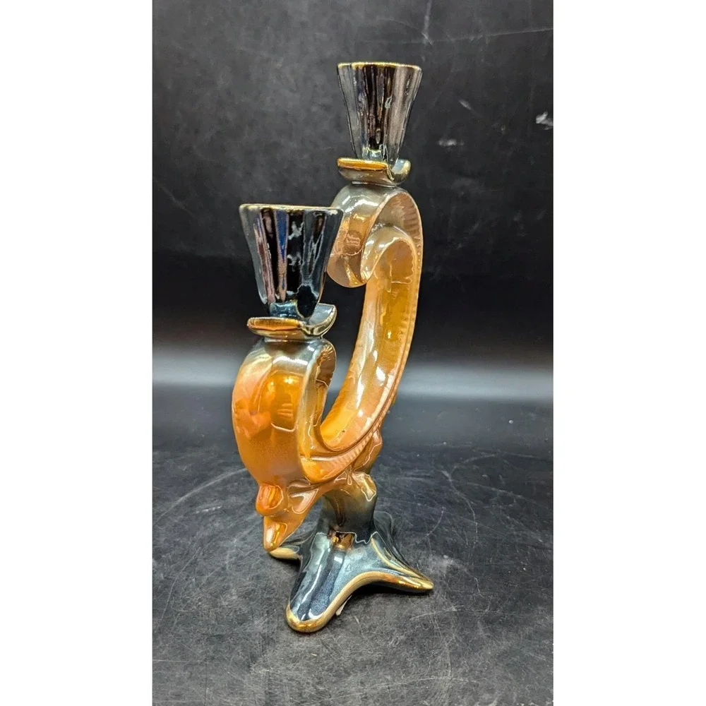 Vintage Orange Lusterware Ceramic Candelabra 9.75